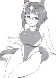 Rule 34 | 1girl, animal ears, bob cut, breasts, collarbone, competition swimsuit, ear ornament, feet out of frame, glasses, greyscale, highleg, highleg swimsuit, highres, horse ears, horse girl, horse tail, inverted bob, large breasts, monochrome, multicolored hair, one-piece swimsuit, pataneet, semi-rimless eyewear, short hair, sitting, smile, solo, swimsuit, tail, transcend (umamusume), two-tone hair, two-tone swimsuit, umamusume