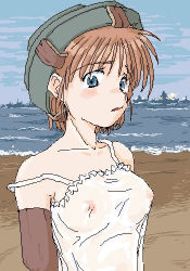Rule 34 | 1girl, bare shoulders, beach, blue eyes, breasts, brown hair, camisole, day, elbow gloves, explosive, gloves, hat, kirio (ccr00235), lowres, military, mine (weapon), nipples, ocean, oekaki, original, personification, pixel art, see-through, ship, short hair, solo, strap slip, watercraft, weapon