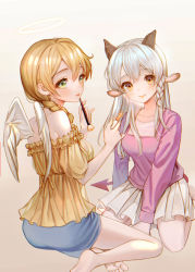 Rule 34 | 2girls, angel wings, animal ears, arm support, ass, bare shoulders, barefoot, blue skirt, braid, breasts, brown eyes, collarbone, commentary request, copyright request, cosmetics, demon girl, demon tail, goat girl, green eyes, grey hair, hair between eyes, hair over shoulder, highres, holding, holding brush, holding lipstick tube, horns, lipstick, lipstick tube, long hair, long sleeves, looking at viewer, looking to the side, makeup, maplefoxy, medium breasts, miniskirt, multiple girls, orange lips, parted lips, pleated skirt, short sleeves, sitting, skirt, smile, soles, striped, tail, teeth, wariza, white skirt, wings