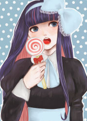Rule 34 | 10s, 1girl, bad id, bad pixiv id, candy, colored inner hair, food, hair ribbon, hairband, highres, lace, lollipop, long hair, multicolored hair, nearly-mm, open mouth, panty &amp; stocking with garterbelt, portrait, ribbon, solo, stocking (psg), sweets