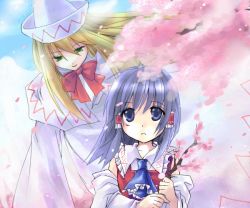 Rule 34 | 2girls, angel wings, asahina, ascot, bad id, bare shoulders, blonde hair, blue ascot, blue bow, blue sky, bow, bowtie, branch, capelet, cherry blossoms, collar, detached sleeves, dress, fairy, female focus, frilled ascot, frilled hair tubes, frilled shirt collar, frills, green eyes, hair tubes, hakurei reimu, hat, jpeg artifacts, lily white, long hair, multiple girls, no headwear, open mouth, outdoors, phantasmagoria of flower view, red bow, red bowtie, shirt, short hair, sky, sleeveless, sleeveless shirt, spring (season), tareme, touhou, transparent, white capelet, white collar, white dress, white hat, white sleeves, wings