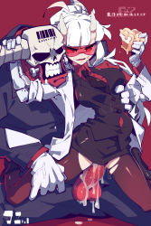 Rule 34 | 1boy, 1girl, absurdres, ahoge, apple pie, barcode, black jacket, black neckwear, black skirt, boots, breasts, character name, clenched teeth, covered penetration, cum, cumdrip, earrings, eyebrows, fang, formal, gloves, has bad revision, has censored revision, helltaker, highres, horns, imazawa, jacket, jewelry, knee boots, large breasts, long hair, loremaster (helltaker), mask, medium breasts, no pupils, pantyhose, penis, red-tinted eyewear, red-tinted glasses, red background, red eyes, red shirt, sex, shirt, skin fang, skindentation, skirt, skull mask, subject 67 (helltaker), suit, sunglasses, teeth, testicles, thick eyebrows, tinted eyewear, torn clothes, torn legwear, vaginal, veins, visor, white gloves, white hair