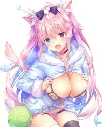 Rule 34 | animal ears, bag, black bow, blue eyes, bow, breast hold, breast suppress, breasts, breasts out, cat ears, cat tail, commentary request, fang, hair ornament, heterochromia, highres, hood, hoodie, indie virtual youtuber, jewelry, kinokomushi, long hair, necklace, no pants, open mouth, original, panties, pink hair, purple panties, shoulder bag, simple background, tail, thighhighs, underwear, virtual youtuber, white background