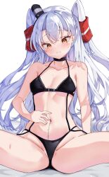 Rule 34 | 1girl, amatsukaze (kancolle), black bra, black choker, black panties, bra, breasts, brown eyes, calin, choker, dick-o-meter, hair tubes, highres, kantai collection, long hair, looking down, measuring, navel, panties, penis measuring, simple background, small breasts, smokestack hair ornament, solo, spread legs, two side up, underwear, underwear only, white background, white hair
