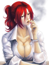 Rule 34 | 1girl, aozaki touko, artist request, breasts, cigarette, cleavage, jewelry, kara no kyoukai, large breasts, lips, long hair, nail polish, necklace, nose, aged up, ponytail, red eyes, red hair, shirt, short hair, sleeves rolled up, smoke, smoking, solo, unbuttoned, watch, wristwatch