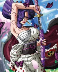 Rule 34 | 1girl, bare shoulders, breasts, bug, butterfly, cleavage cutout, clothing cutout, female focus, highres, insect, japanese clothes, katana, kimono, large breasts, lipstick, looking at viewer, makeup, o-chou, one piece, purple eyes, purple hair, sarashi, sideboob, solo, sword, tattoo, thick thighs, thighs, weapon, yakuza, yukata