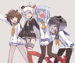 Rule 34 | 4girls, adapted costume, amatsukaze (kancolle), black hair, blue hair, blue sailor collar, blunt bangs, brown dress, brown eyes, brown hair, clothes pull, commentary request, dress, dress pull, embarrassed, feet out of frame, garter straps, gradient hair, grey background, greyscale, hair tubes, hat, hatsukaze (kancolle), headgear, headset, hime cut, holding hands, kantai collection, long hair, matching outfits, mini hat, monaka ooji, monochrome, multicolored hair, multiple girls, neckerchief, no pants, open mouth, pantyhose, red legwear, round teeth, rudder footwear, sailor collar, sailor dress, sailor shirt, shirt, short dress, short hair, short hair with long locks, sidelocks, simple background, speaking tube headset, striped clothes, striped legwear, striped thighhighs, teeth, thighband pantyhose, thighhighs, tied shirt, tokitsukaze (kancolle), two side up, upper teeth only, wavy mouth, white dress, white hair, white sailor collar, yellow neckerchief, yukikaze (kancolle)