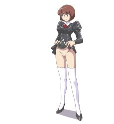 Rule 34 | 1girl, agent aika, aika (series), black delmo, blush, breasts, brown eyes, brown hair, clothes lift, delmo, delmogeny uniform, full body, highres, kuroyoshi, large breasts, microskirt, no panties, open mouth, rika (agent aika), short hair, simple background, skirt, skirt lift, solo, thighhighs, white background, white thighhighs