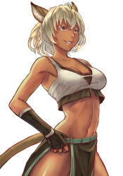 1girl adventurer_(ff11) animal_ears artist_name bare_shoulders black_gloves blonde_hair breasts brown_tail cactus41747280 cat_ears cat_girl cat_tail cleavage colored_eyelashes cowboy_shot dark-skinned_female dark_skin final_fantasy final_fantasy_xi fingerless_gloves gloves grin hair_between_eyes lips loincloth medium_breasts midriff mithra_(ff11) no_eyebrows orange_eyes pink_lips short_hair simple_background smile solo tail teeth white_background