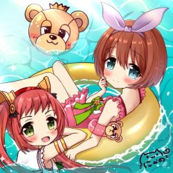 Rule 34 | 2girls, :d, afloat, bare shoulders, blue eyes, blush, brown hair, character request, closed mouth, commentary request, crown, fang, green eyes, hair between eyes, hair ornament, hair ribbon, hairband, hand up, heart, heart in eye, highres, innertube, kurumi (princess connect!), long hair, looking at viewer, looking to the side, mini crown, multiple girls, nyano21, one-piece swimsuit, open mouth, partially submerged, pink one-piece swimsuit, princess connect!, purple ribbon, red eyes, red hairband, ribbon, short hair, signature, smile, star (symbol), swim ring, swimsuit, symbol in eye, twintails, very long hair, water, yellow innertube