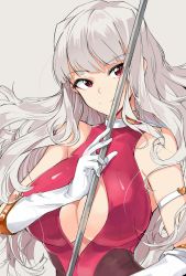 Rule 34 | 1girl, breasts, cleavage, cleavage cutout, clothing cutout, cosplay, cutie honey, cutie honey (character), cutie honey (cosplay), gloves, highres, holding, idolmaster, idolmaster (classic), large breasts, long hair, purple eyes, shijou takane, silver hair, simple background, sleeveless, solo, tuxedo de cat, white gloves