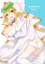 Rule 34 | 10s, 1girl, :d, ass, bad id, bad pixiv id, bare shoulders, blonde hair, blush, breasts, butt crack, cleavage, commentary request, detached sleeves, fate/extra, fate/extra ccc, fate/grand order, fate (series), gloves, green eyes, hair between eyes, juliet sleeves, large breasts, laurel crown, leaning forward, lock, long sleeves, looking at viewer, looking to the side, nero claudius (bride) (fate), nero claudius (bride) (third ascension) (fate), nero claudius (fate), nero claudius (fate) (all), open mouth, padlock, panties, puffy sleeves, smile, solo, teeth, thighhighs, underwear, upper teeth only, veil, white gloves, white panties, white thighhighs, yuzu-aki, zipper pull tab
