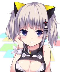Rule 34 | 1girl, arm support, bare shoulders, black dress, blush, breasts, cleavage, cleavage cutout, clothing cutout, commentary request, dress, grin, hair ornament, hairclip, highres, kaguya luna, large breasts, looking at viewer, purple eyes, shamuichi, sidelocks, silver hair, sleeveless, sleeveless dress, smile, solo, the moon studio, twintails, virtual youtuber