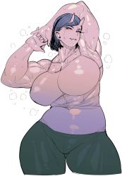 Rule 34 | armpits, arms up, black hair, breasts, collarbone, cowboy shot, curvy, elf-san wa yaserarenai., fang, highres, horns, huge breasts, interlocked fingers, looking at viewer, muscular, muscular female, oga (elf-san wa yaserarenai.), own hands together, red eyes, shirt, short hair, simple background, sleeveless, sleeveless shirt, smile, steam, sweat, swept bangs, synecdoche, tank top, thick thighs, thighs, white background, wide hips