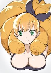 Rule 34 | 10s, 1girl, big hair, black hairband, bow, breasts, cleavage, female focus, green eyes, hair bow, hairband, highres, large breasts, long hair, looking at viewer, melie, miumi-chan, orange hair, radiant, simple background, sketch, smile, solo