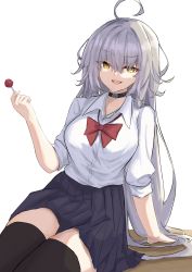 Rule 34 | 1girl, absurdres, ahoge, alternate costume, black choker, black skirt, black thighhighs, bow, bowtie, breasts, candy, choker, collared shirt, fate/grand order, fate (series), food, grey hair, highres, holding, holding candy, holding food, holding lollipop, jeanne d&#039;arc (fate), jeanne d&#039;arc alter (avenger) (fate), jeanne d&#039;arc alter (fate), kohaku teru, large breasts, lollipop, long hair, pleated skirt, red bow, red bowtie, school uniform, shirt, short sleeves, simple background, skirt, solo, thighhighs, tsurime, very long hair, white background, white shirt, yellow eyes