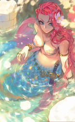 Rule 34 | 1girl, artist name, bangle, bare shoulders, blue eyes, bracelet, breasts, flower, hair flower, hair ornament, highres, jewelry, knife, long hair, looking at viewer, medium breasts, mermaid, monster girl, morry, navel, necklace, original, partially submerged, pearl bracelet, pink hair, ring, scales, smile, solo