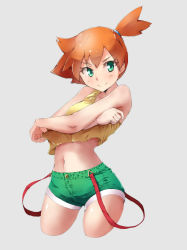 Rule 34 | 1girl, absurdres, armpit peek, bare arms, bare shoulders, blush, clothes lift, creatures (company), crop top, cropped legs, game freak, highres, kobo (cobo 0609), looking at viewer, misty (pokemon), navel, nintendo, orange hair, pokemon, pokemon (anime), pokemon (classic anime), shirt lift, short ponytail, shorts, sleeveless, smile, solo, stomach, suspender shorts, suspenders, tank top