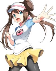 Rule 34 | 1girl, black pantyhose, blue eyes, blue sleeves, bow, breasts, brown hair, collarbone, cowboy shot, creatures (company), double bun, floating hair, game freak, hair bun, highres, long hair, medium breasts, nintendo, open mouth, outstretched arm, outstretched hand, pantyhose, pantyhose under shorts, pink bow, poke ball print, pokemon, pokemon bw2, print shirt, rosa (pokemon), shirt, short shorts, shorts, simple background, solo, standing, v-shaped eyebrows, very long hair, visor cap, white background, white shirt, yellow shorts, yuihico