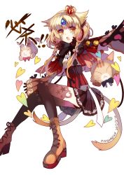 Rule 34 | 10s, 1girl, 2015, :o, animal ears, athria, black bow, black gloves, black skirt, black thighhighs, blonde hair, boots, bow, braid, cat, cat ears, cat tail, cross-laced footwear, crown, dated, elsword, eve (elsword), forehead jewel, full body, gloves, heart, highres, kemonomimi mode, lace-up boots, mini crown, multiple tails, short hair, signature, skirt, solo, tail, thighhighs, white background, yellow eyes