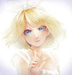 Rule 34 | 1girl, aqua eyes, bare shoulders, blonde hair, blush, close-up, collarbone, commentary request, dress, hair ornament, hair ribbon, hairclip, highres, kagamine rin, lips, looking at viewer, miko (s1748s), ribbon, short hair, simple background, smile, solo, upper body, vocaloid, white background, white dress