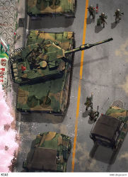 Rule 34 | 6+boys, artist name, assault rifle, camouflage, car, commentary request, daewoo k2, from above, gun, jeep, korean text, kws, machine gun, male focus, military, military vehicle, motor vehicle, multiple boys, original, pointing, rifle, road, soldier, standing, street, tank, traffic cone, twitter username, vehicle focus, vehicle request, walking, weapon, worktool