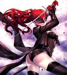 Rule 34 | 1girl, arms up, ass, black jacket, black thighhighs, blazer, bow, breasts, buttons, cowboy shot, floating hair, frilled sleeves, frills, gloves, gradient background, grin, hair bow, highleg, highleg leotard, highres, holding, holding sword, holding weapon, jacket, large breasts, leotard, long hair, long sleeves, looking at viewer, mask, persona, persona 5, persona 5 the royal, ponytail, red bow, red eyes, red gloves, red hair, sheath, simple background, smile, solo, sword, thighhighs, twitter username, unsheathed, weapon, yaoto, yoshizawa kasumi