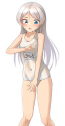 Rule 34 | 1girl, alternate costume, blue eyes, blush, breasts, covered navel, embarrassed, feet out of frame, grey hair, javelin (kancolle), kantai collection, long hair, looking down, loose hair strand, name connection, one-piece swimsuit, parted bangs, ray.s, school swimsuit, see-through one-piece swimsuit, see-through swimsuit, simple background, small breasts, standing, sweatdrop, swimsuit, white background, white one-piece swimsuit
