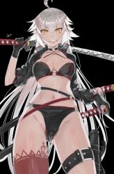 Rule 34 | 1girl, ahoge, bad id, bad pixiv id, bikini, black background, black bikini, black gloves, black jacket, breasts, cleavage, fate/grand order, fate (series), gloves, gluteal fold, groin, highres, jacket, jeanne d&#039;arc alter (swimsuit berserker) (fate), jeanne d&#039;arc (fate), jeanne d&#039;arc alter (fate), jeanne d&#039;arc alter (swimsuit berserker) (fate), long hair, medium breasts, navel, o-ring, o-ring bikini, o-ring top, reeya, simple background, sleeves rolled up, slit pupils, smile, solo, standing, swimsuit, sword, thigh strap, very long hair, weapon, white hair, yellow eyes