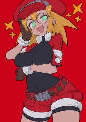 Rule 34 | 1girl, absurdres, arm under breasts, black bodysuit, blonde hair, blush, bodysuit, breasts, buzzlyears, cabbie hat, covered collarbone, covered navel, cropped jacket, glasses, glowing, green eyes, hat, highres, jacket, medium breasts, mega man (series), mega man legends (series), open clothes, open jacket, open mouth, red hat, red shorts, roll caskett (mega man), round eyewear, shorts, smile, solo, star (symbol)