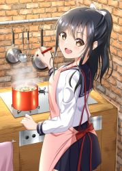 Rule 34 | 1girl, :d, absurdres, apron, bad id, bad pixiv id, black hair, blue collar, blue skirt, brick, brown eyes, collar, cooking, feet, from behind, frying pan, hair between eyes, hair ribbon, high ponytail, highres, holding, holding ladle, hominotsu, indoors, kitchen, ladle, long hair, looking at viewer, looking back, mixer (cooking), open mouth, original, pink apron, ponytail, pot, ribbon, sailor collar, school uniform, shirt, skirt, smile, solo, stove, swimsuit, teeth, upper teeth only, white ribbon, white shirt