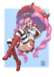 1girl absurdres ass boots cirenk commentary english_commentary highres holding holding_umbrella one_piece panties perona pink_hair signature smile solo tongue twintails umbrella underwear