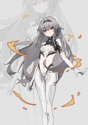 Rule 34 | 1girl, absurdres, black bow, black hairband, bodysuit, bow, breasts, chinese commentary, closed mouth, commentary request, covered navel, feet out of frame, fire, firefly (ar-26710) (honkai: star rail), firefly (honkai: star rail), grey background, grey hair, hair between eyes, hair bow, hair ornament, hairband, highres, honkai: star rail, honkai (series), long hair, looking at viewer, medium breasts, official alternate costume, pink eyes, qixia, sidelocks, skin tight, solo, standing, two-tone eyes, very long hair, white bodysuit, zoom layer