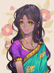 Rule 34 | 1girl, black hair, breasts, cleavage, collarbone, earrings, facial mark, green eyes, indian clothes, jewelry, long hair, medium breasts, necklace, original, parted bangs, parted lips, purple shirt, red lips, saree, shirt, short sleeves, solo, tabby chan, twitter username, upper body, very long hair