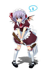 Rule 34 | 1girl, alternate costume, apron, bad id, bad pixiv id, bat wings, blush, bow, broom, enmaided, fang, female focus, full body, highres, light purple hair, maid, maid apron, maid headdress, mary janes, mop, neckerchief, purple hair, red eyes, remilia scarlet, shoes, short hair, solo, touhou, waist apron, white background, wings, yamamori (machidaco)