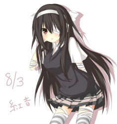 Rule 34 | 1girl, arm behind back, bandage over one eye, bandages, black hair, blush, bow, breasts, chabaneko, dated, eyepatch, hair bow, leaning forward, long hair, looking at viewer, medium breasts, original, red eyes, shadow, simple background, skirt, solo, tarutaru22, thighhighs, white background