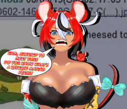 Rule 34 | 1girl, 4chan, 4chan thread, alternate hairstyle, alternate skin color, angry, animal ear fluff, animal ears, asymmetrical clothes, asymmetrical sleeves, bare shoulders, black hair, blue eyes, bra, breasts, cheesed to meet you (meme), dark-skinned female, dark skin, eddarxart, english text, eyebrow piercing, fangs, female focus, femdom, glaring, hair bun, hakos baelz, highres, hololive, hololive english, imminent penetration, imminent rape, large breasts, looking at viewer, looking down, meme, mouse (animal), mouse ears, mouse girl, mouse tail, multicolored hair, piercing, red hair, solo, speech bubble, streaked hair, tail, twintails, underwear, virtual youtuber, white hair