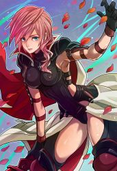Rule 34 | 1girl, armor, blue eyes, breasts, cape, final fantasy, final fantasy xiii, gloves, highres, leotard, lightning farron, lightning returns: final fantasy xiii, long hair, looking at viewer, payu (pyms11), pink hair, smile, solo, sword, weapon