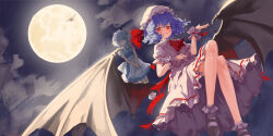 Rule 34 | 3girls, apron, ascot, bat wings, blue dress, blue hair, bobby socks, closed eyes, closed mouth, cloud, commentary request, crossed legs, dress, flandre scarlet, full body, full moon, grey hair, grey socks, hand up, hat, highres, izayoi sakuya, lab2linch, long hair, looking at viewer, maid, maid headdress, mary janes, medium hair, mob cap, moon, multiple girls, night, own hands together, puffy short sleeves, puffy sleeves, red ascot, red eyes, remilia scarlet, shoes, short sleeves, skirt, socks, touhou, waist apron, white apron, white skirt, wings, wrist cuffs