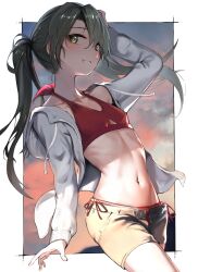 Rule 34 | 1girl, bikini, blush, breasts, casual, commentary request, cowboy shot, framed image, from side, green eyes, grey hair, grin, hair over one eye, hand on own head, hand up, highres, hip focus, hood, hood down, hoodie, kabayaki namazu, kantai collection, leaning back, long hair, long sleeves, looking at viewer, midriff, navel, open clothes, open hoodie, outdoors, red bikini, short shorts, shorts, side-tie bikini bottom, small breasts, smile, solo, stomach, swimsuit, thighs, twintails, unzipped, very long hair, white hoodie, zuikaku (kancolle)