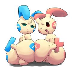 Rule 34 | 1boy, 1girl, anus, ass, ass-to-ass, back, bisexual male, creatures (company), eyelashes, from behind, furry, game freak, gen 3 pokemon, green eyes, huge ass, looking at viewer, looking back, minun, nintendo, one eye closed, open mouth, outta sync, plusle, pokemon, pokemon (creature), pussy, red eyes, shadow, simple background, submissive couple, tail, take your pick, testicles, uncensored, white background, wink
