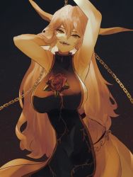 Rule 34 | 1girl, armpits, arms up, black background, breasts, chain, commentary, cowboy shot, cuffs, english commentary, flower, gold trim, hair between eyes, hand in own hair, highres, horns, ibaraki douji (touhou), large breasts, leaf, light particles, long hair, looking at viewer, naufaldreamer, oni, oni horns, open mouth, pink eyes, pink flower, pink hair, pink rose, rose, shackles, sharp teeth, simple background, solo, standing, tabard, teeth, tongue, touhou, upper body, vine print
