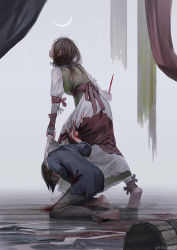 Rule 34 | bandaged arm, bandages, barefoot, blood, bloody knife, bloody weapon, blouse, blue shirt, crescent moon, dress, knife, layered clothes, looking up, monokubo, moon, original, shirt, star (symbol), torn clothes, weapon