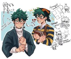 Rule 34 | !?, 2boys, alternate costume, bakugou katsuki, bespectacled, blush, boku no hero academia, book, character doll, closed mouth, collared shirt, commentary, earrings, english commentary, english text, explosion, freckles, glasses, green eyes, green hair, green jacket, habkart, highres, holding, holding book, jacket, jewelry, lego, lego minifig, long sleeves, looking at viewer, male focus, midoriya izuku, multiple boys, ring, round eyewear, scar, scar on hand, shirt, short hair, simple background, striped clothes, striped shirt, stuffed toy, sweater, turtleneck, turtleneck sweater, upper body, white background, white sweater