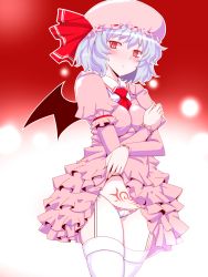 Rule 34 | 1girl, ascot, bat wings, black wings, blush, bow, clothes lift, commentary request, dress, dress lift, garter straps, hat, hat ribbon, highres, lifting own clothes, long sleeves, looking at viewer, mob cap, nose blush, panties, pink dress, pubic tattoo, red eyes, red ribbon, remilia scarlet, ribbon, sako (bosscoffee), short hair, solo, standing, tattoo, thighhighs, touhou, underwear, white panties, white thighhighs, wings