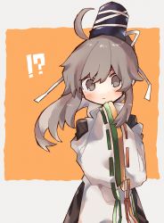 Rule 34 | !?, 1girl, ahoge, black headwear, commentary request, grey background, grey eyes, grey hair, hands in opposite sleeves, hatsushiro mamimu, highres, japanese clothes, kariginu, long hair, long sleeves, mononobe no futo, ponytail, ribbon-trimmed sleeves, ribbon trim, solo, touhou, upper body, wide sleeves, yellow background