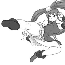 Rule 34 | 1girl, ankle boots, bare shoulders, boots, breasts, china dress, chinese clothes, detached sleeves, dress, flying kick, greyscale, guilty gear, hair rings, impossible clothes, impossible dress, kicking, kuradoberi jam, large breasts, long hair, miniskirt, monochrome, panties, pantyshot, simple background, skirt, solo, thick thighs, thighs, tsukudani (coke-buta), underwear, upskirt, very long hair, white panties