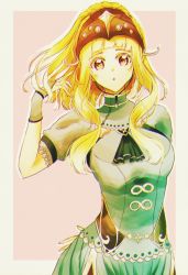 Rule 34 | 1girl, arm behind back, blonde hair, clair (fire emblem), fingerless gloves, fire emblem, fire emblem echoes: shadows of valentia, gloves, hand in own hair, jewelry, looking at viewer, necklace, nintendo, pink background, simple background, solo