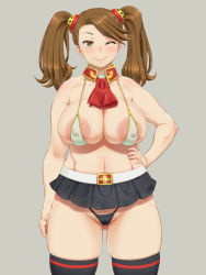 Rule 34 | 10s, 1girl, belly, bikini, bikini top only, black thighhighs, breasts, brown background, brown eyes, brown hair, covered erect nipples, gluteal fold, gundam, gundam build fighters, gundam build fighters try, large areolae, large breasts, long hair, looking at viewer, microskirt, navel, one eye closed, sazaki kaoruko, shikuta maru, simple background, skindentation, skirt, smile, solo, swimsuit, thighhighs, thong, twintails