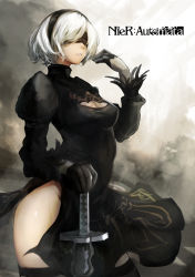Rule 34 | 1girl, black dress, black gloves, black thighhighs, blindfold, breasts, cleavage, copyright name, drag-on dragoon, dress, gloves, hairband, nier (series), nier:automata, no panties, parted lips, puffy sleeves, short hair, silver hair, solo, sword, thighhighs, ton (artist), weapon, 2b (nier:automata)